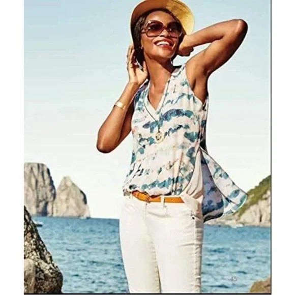 Cabi Womens Gelato Top Size XS Peach Teal Watercolor Stripe Sleeveless #5035 - Picture 1 of 5